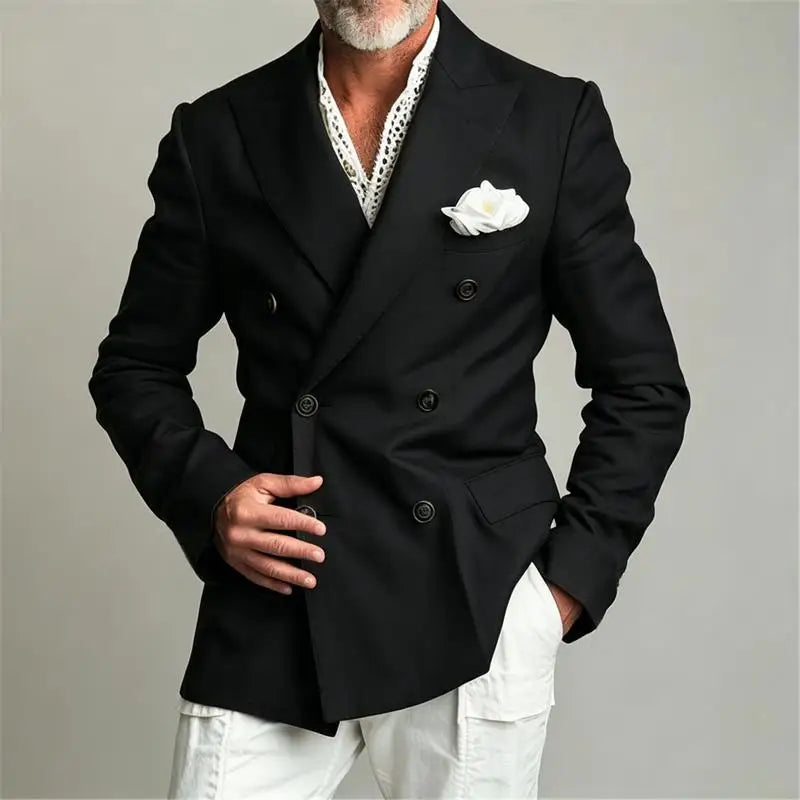 Men's Chic Peak Lapel Linen Blazer Double Breasted Slim Fit Formal Suit Jacket Summer Business Wedding Party Beach Daily Coat