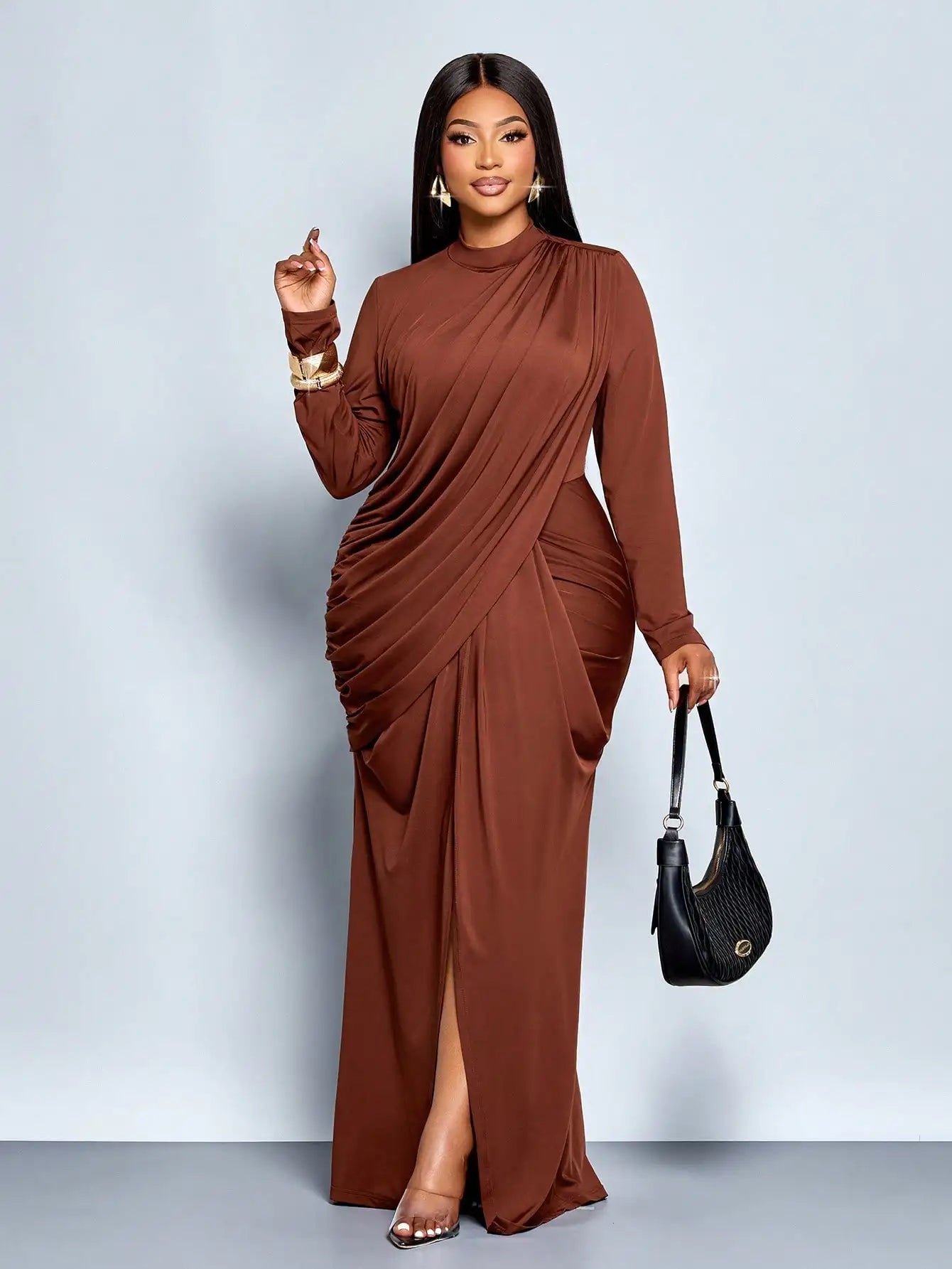 Plus Size Long Sleeve Maxi Dress with High Slit and Draped Detail, Burgundy Formal Evening Gown for Parties or Graduation