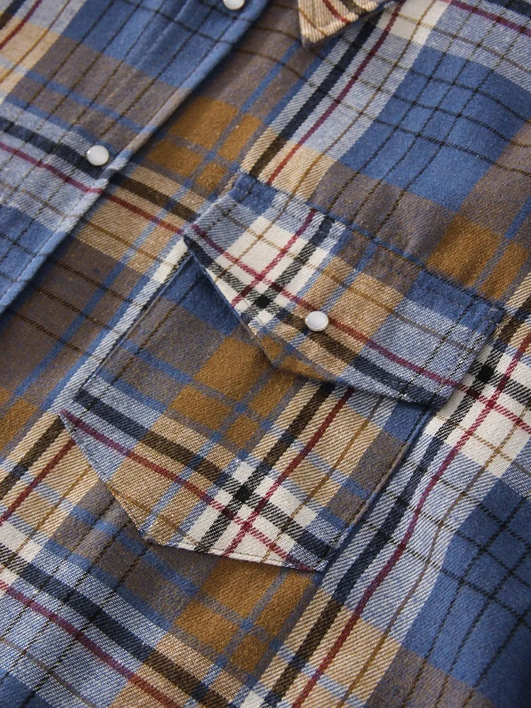 Streamgirl Oversized Plaid Shirt Women 2026 Spring Loose Vintage Long Shirts Full Sleeve Women Plaid Brown Oversized Shirt Blue