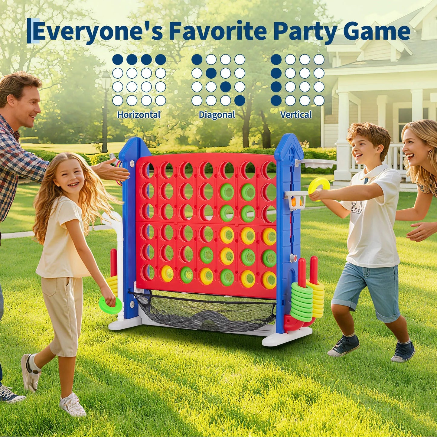 4-in-1 Giant Connect Game Set Adjustable Height, Basketball Hoop, Ring Toss and Net Jumbo Outdoor Yard Game for Families Events