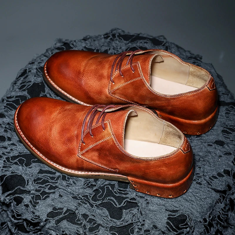 Goodyear-Welted Vintage Genuine Leather Men's Derby ShoesRound-toe Men Casual Shoes Dress Business Dress Shoes Men Wedding Shoes