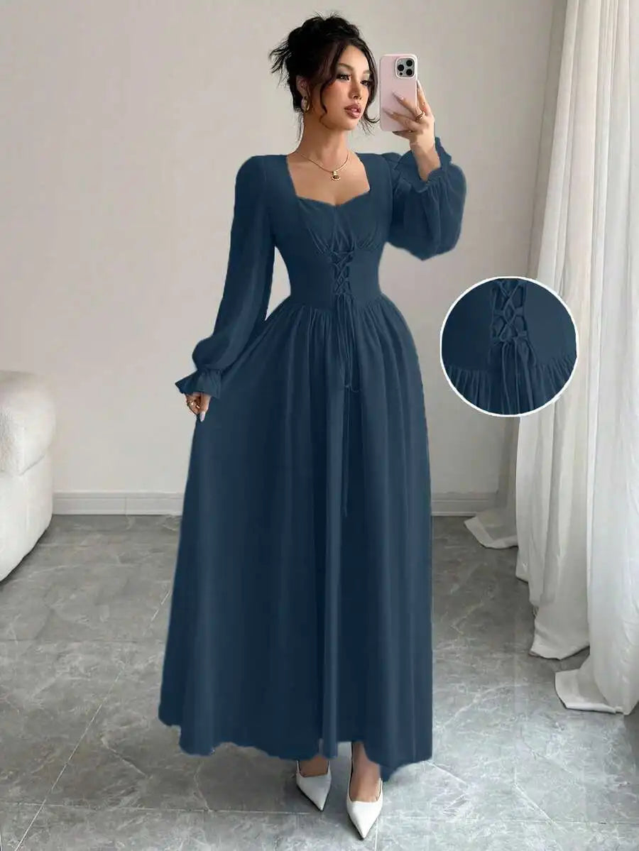 Elegant Blue Long Sleeve Maxi Dress with Corset Lace-Up Waist, Square Neck, Ruffled Cuffs for Spring Summer Events