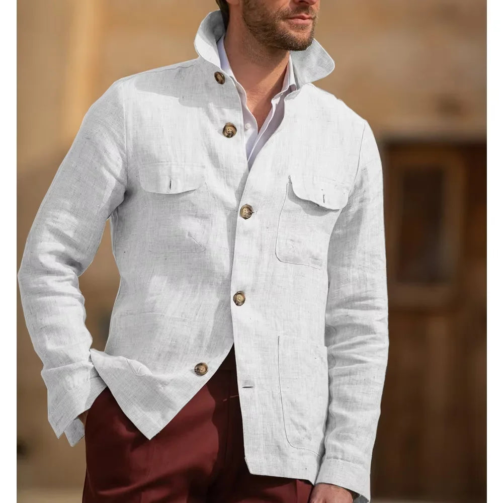 Men's Linen Safari Jacket Vintage Stand Collar Breathable Multi-Pocket Lightweight Casual Blazer Cotton Linen Blend For Summer