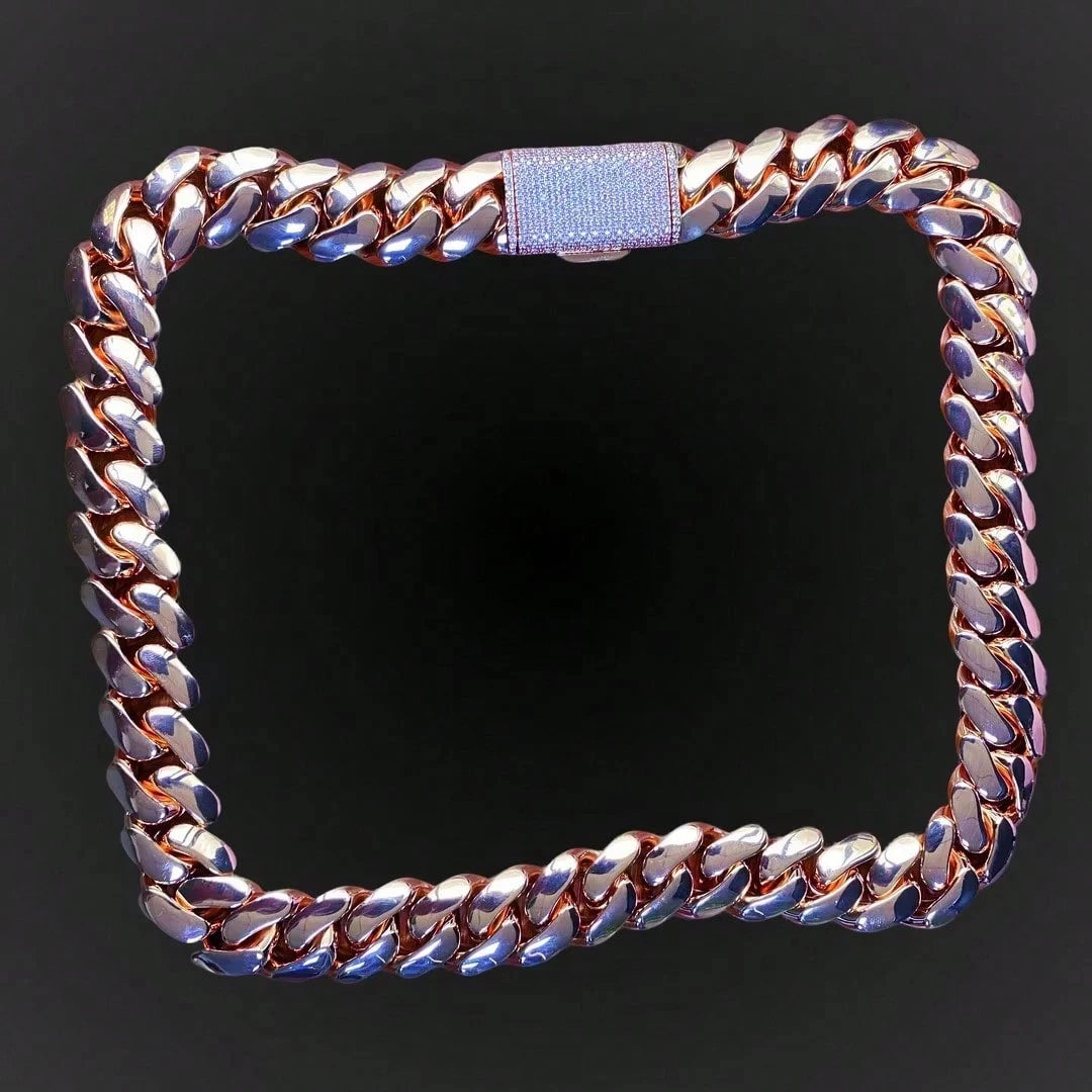 14-22mm Rose Gold  Stainless Steel Cuban Miami Link Chain Iced Out CZ Box Clasp Necklace Fashion Hip Hop Unisex Jewelry (1PC)