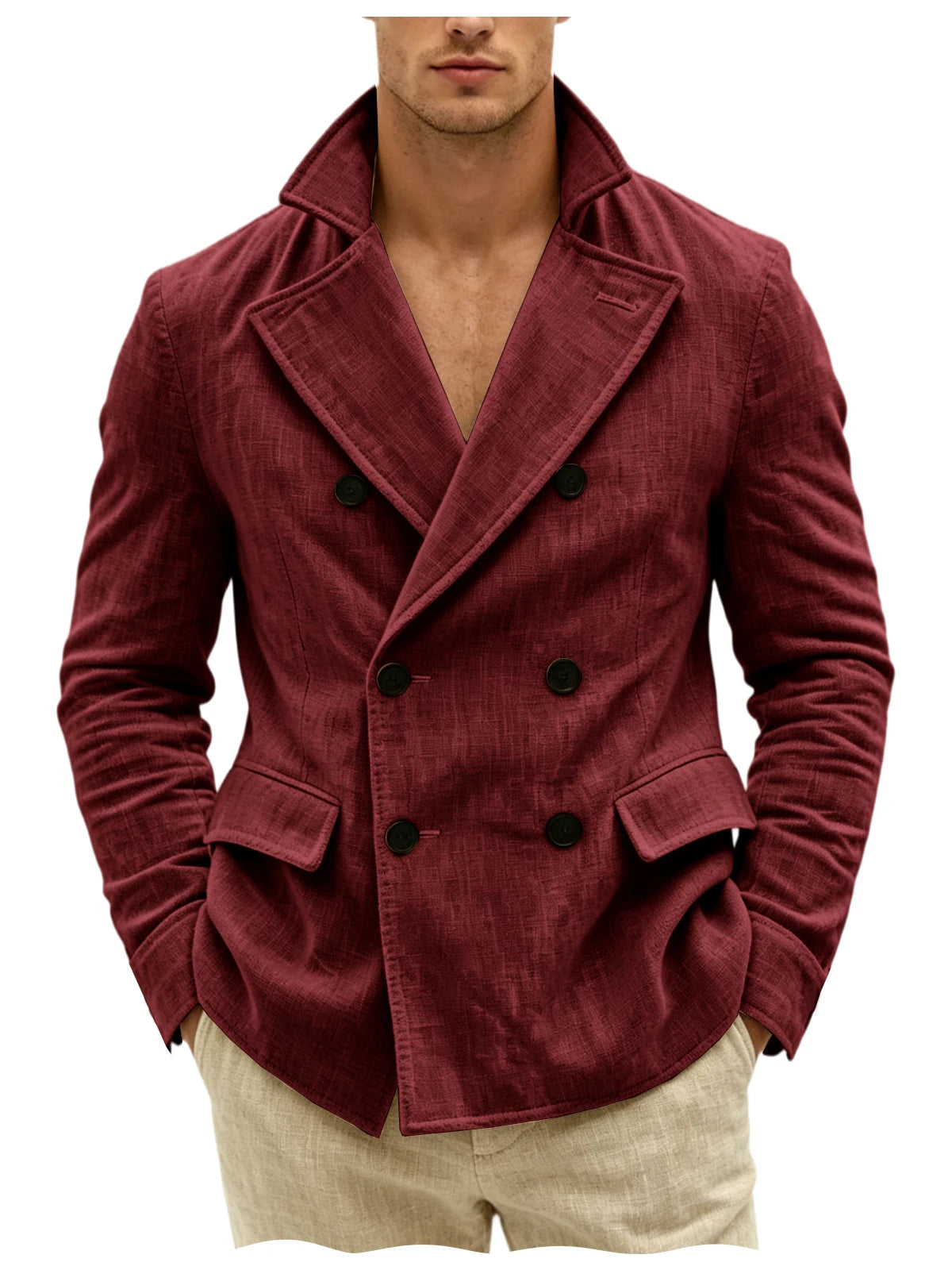 Men's Khaki Linen Blazer Double Breasted Peaked Lapel Lightweight Breathable Soft Cool Casual Formal Sport Coat For Summer Beach