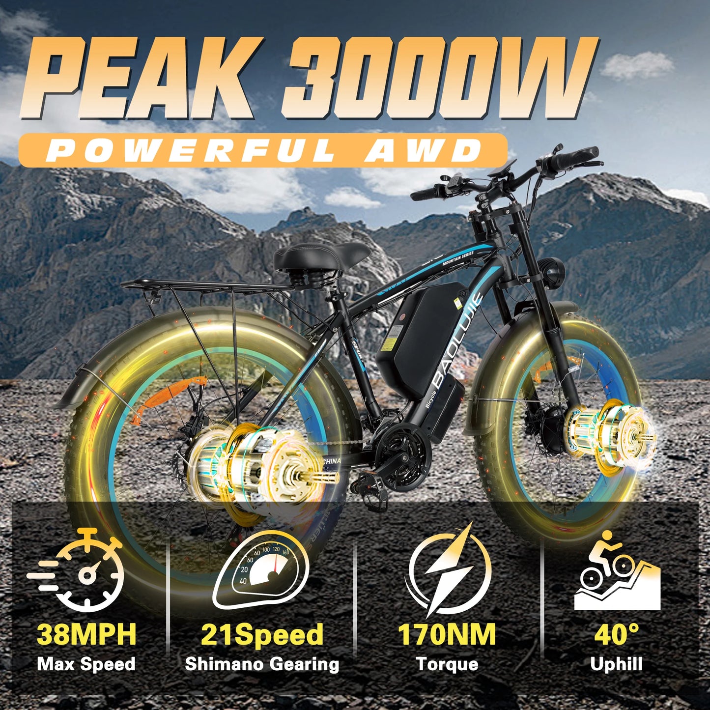 BAOLUJIE Peak 3000W/5000W Dual Motor Electric Bicycle  E-Bike for Adults，Electric Motorcycle 48V/52V Battery，Max Speed 38 MPH