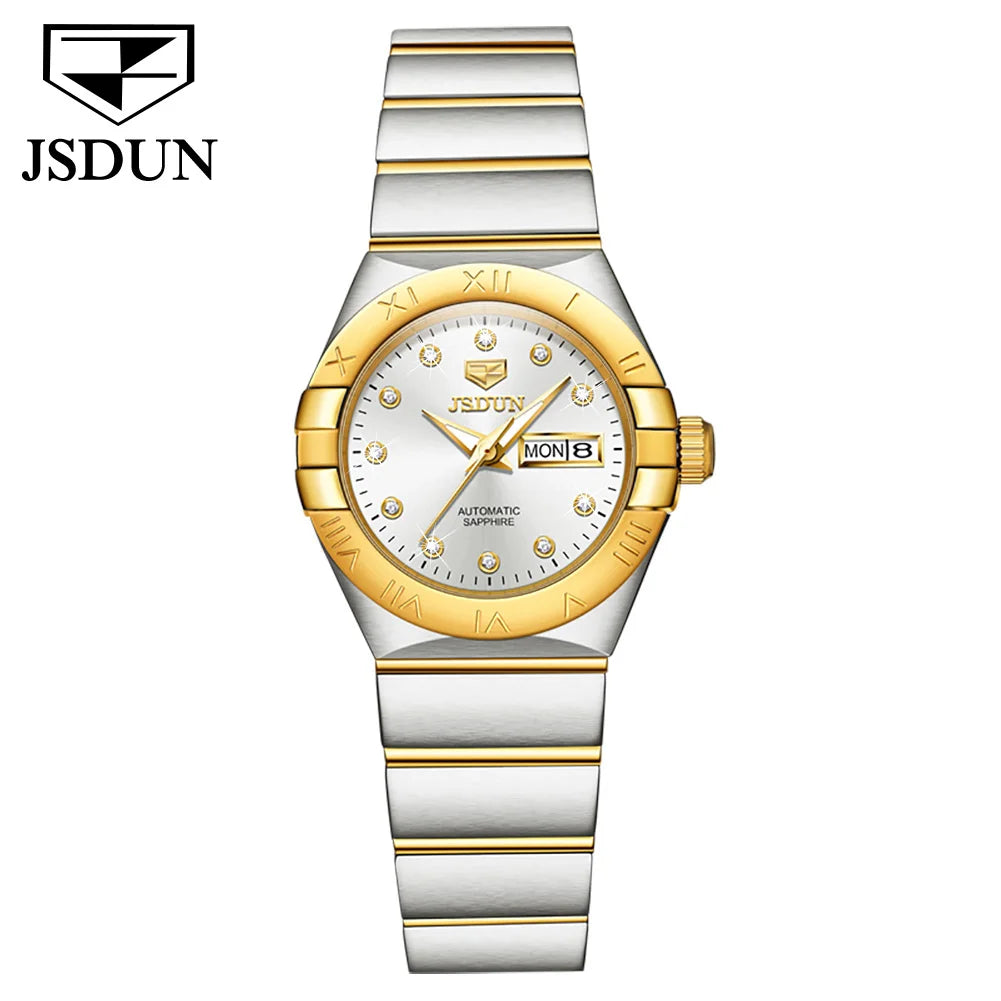 JSDUN Automatic Couple Watches Japan Movement Sapphire Mirror 100M Waterproof Luxury Diamond Gold Watch Lover's Watch Set Gift