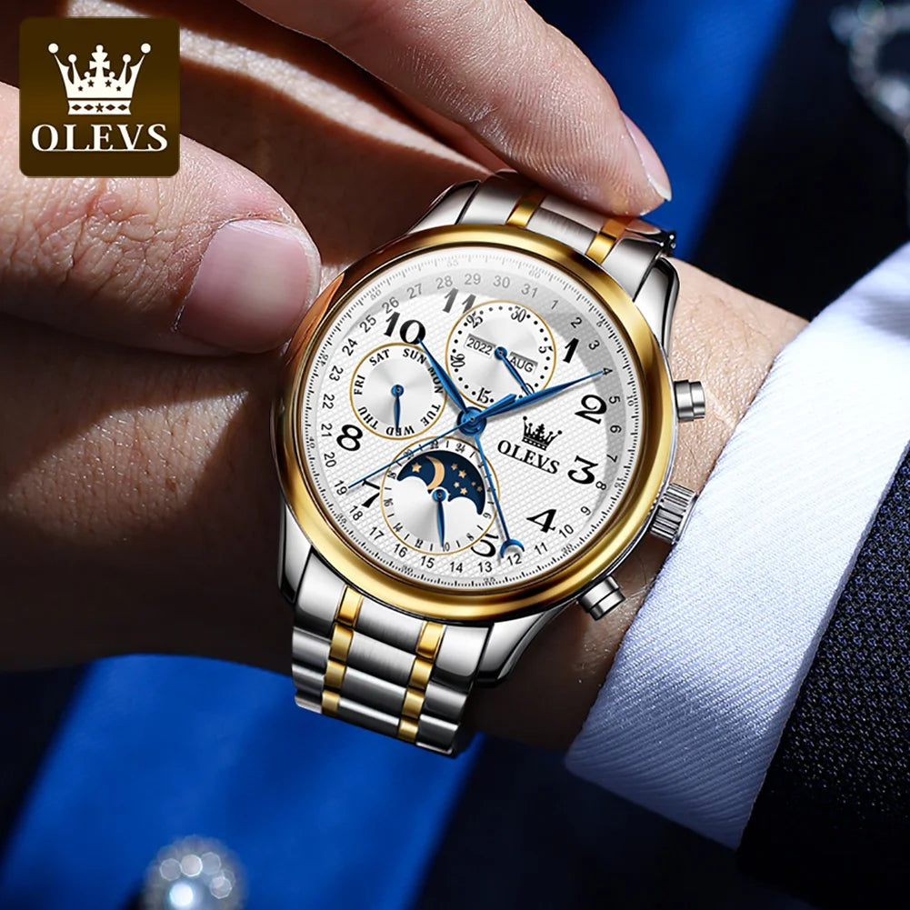 OLEVS Original Men's Automatic Wristwatch Moon Phase Calendar Waterproof Stainless Steel Leather Strap Mechanical Watch for Men