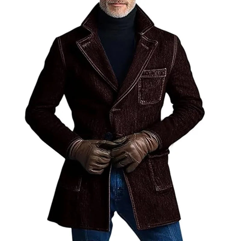 1940s Men's Washed Denim Trench Coat Mid Length Vintage Slim Fit Notched Lapel Faded Jean Coat For Business Casual Daily Wear