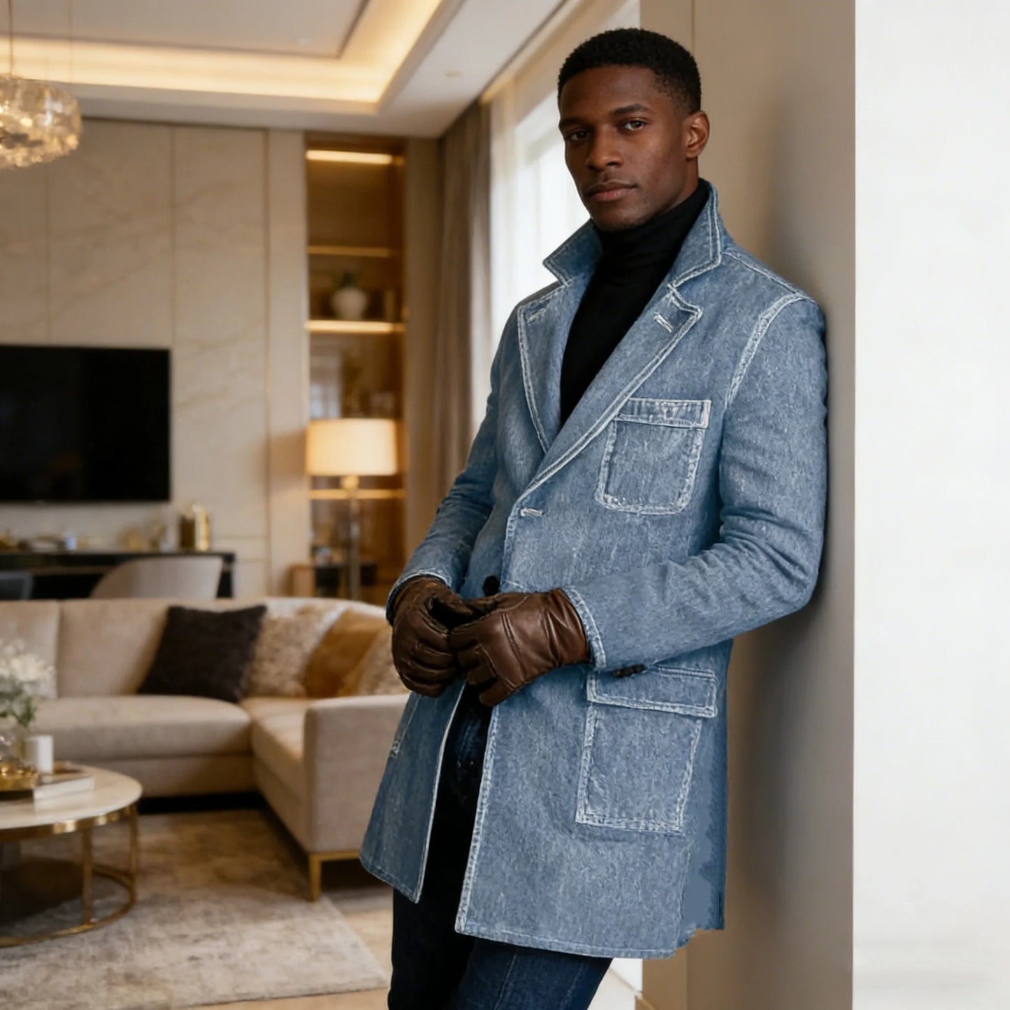 1940s Men's Washed Denim Trench Coat Mid Length Vintage Slim Fit Notched Lapel Faded Jean Coat For Business Casual Daily Wear