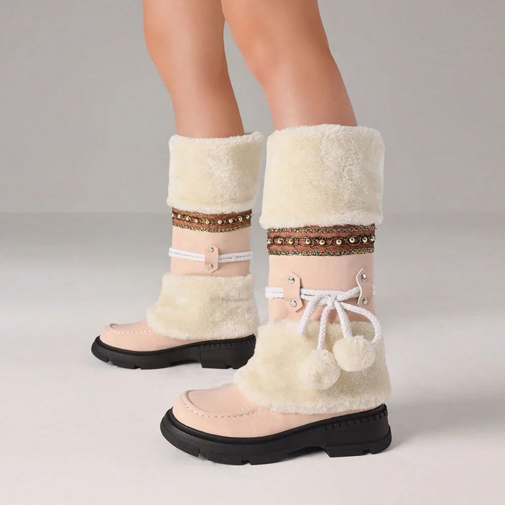 Women's Winter Furry Knee High Snow Boots Fashion Platform Chunky Heels Warm Faux Fur Lining Pull On Casual Comfy Boots Woman