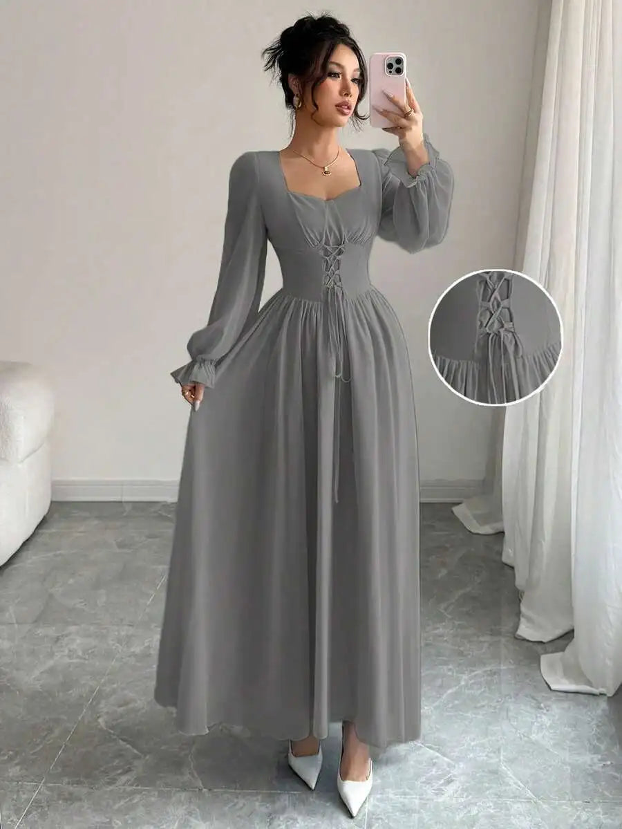 Elegant Blue Long Sleeve Maxi Dress with Corset Lace-Up Waist, Square Neck, Ruffled Cuffs for Spring Summer Events