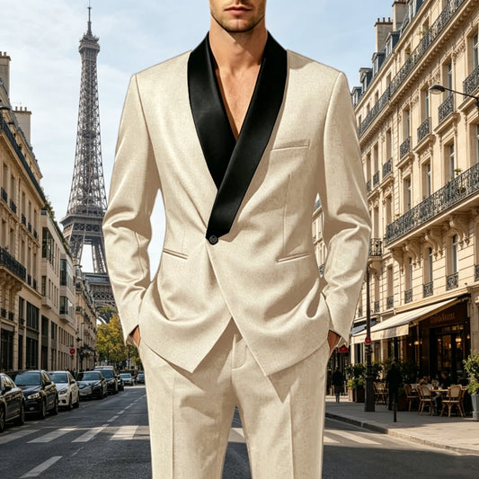Men's Tuxedo Suit with Black Satin Shawl Lapel Slim Fit 2-Piece Suit Jacket & Pants Business Casual Blazer Trousers for Wedding