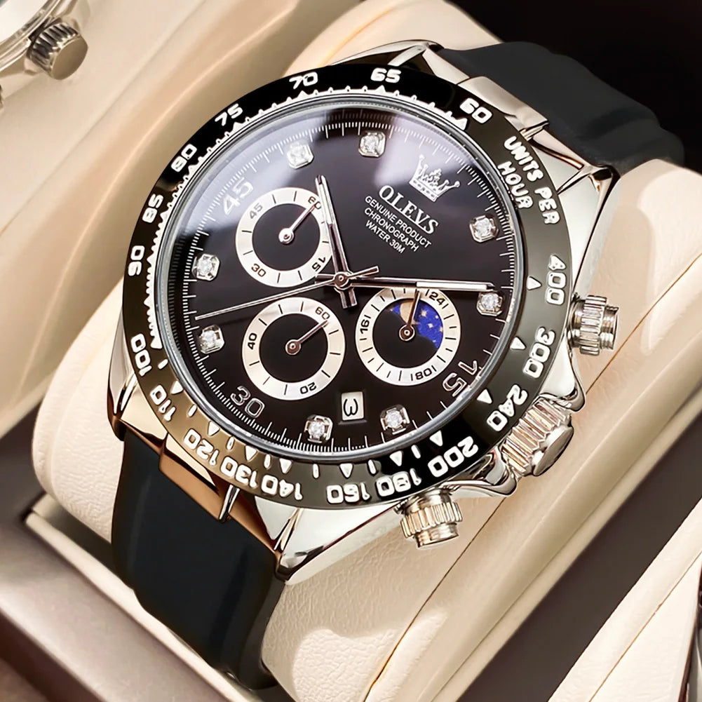 OLEVS Watches for Men Chronograph Analog Quartz Watch Moon Phase Silicone Diamond Waterproof Luminous Quartz Wrist Watches