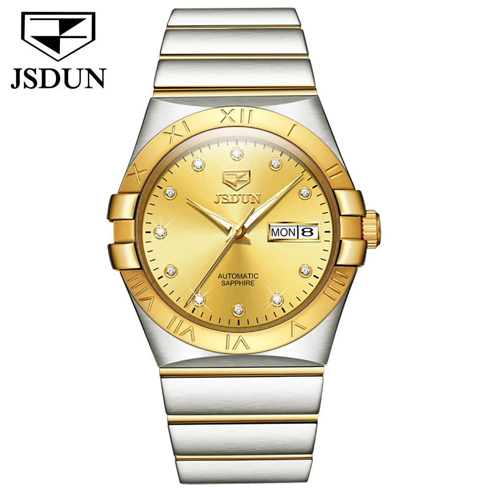 JSDUN Automatic Couple Watches Japan Movement Sapphire Mirror 100M Waterproof Luxury Diamond Gold Watch Lover's Watch Set Gift