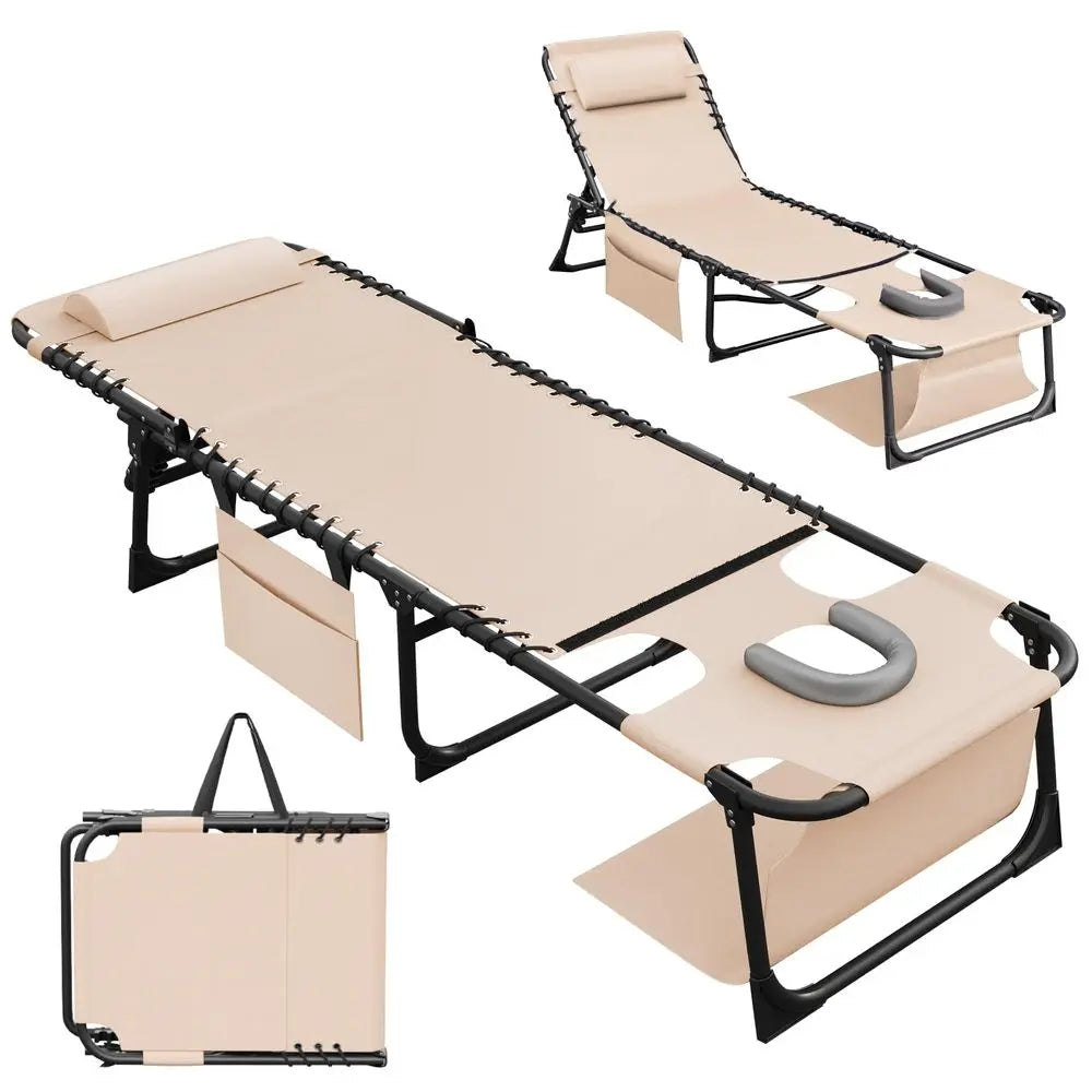 Beach Lounge Chair, Outdoor Sun Tanning Chair with Face Hole, Heavy Duty Folding Portable Lay Chaise Lounge Chairs for Outside