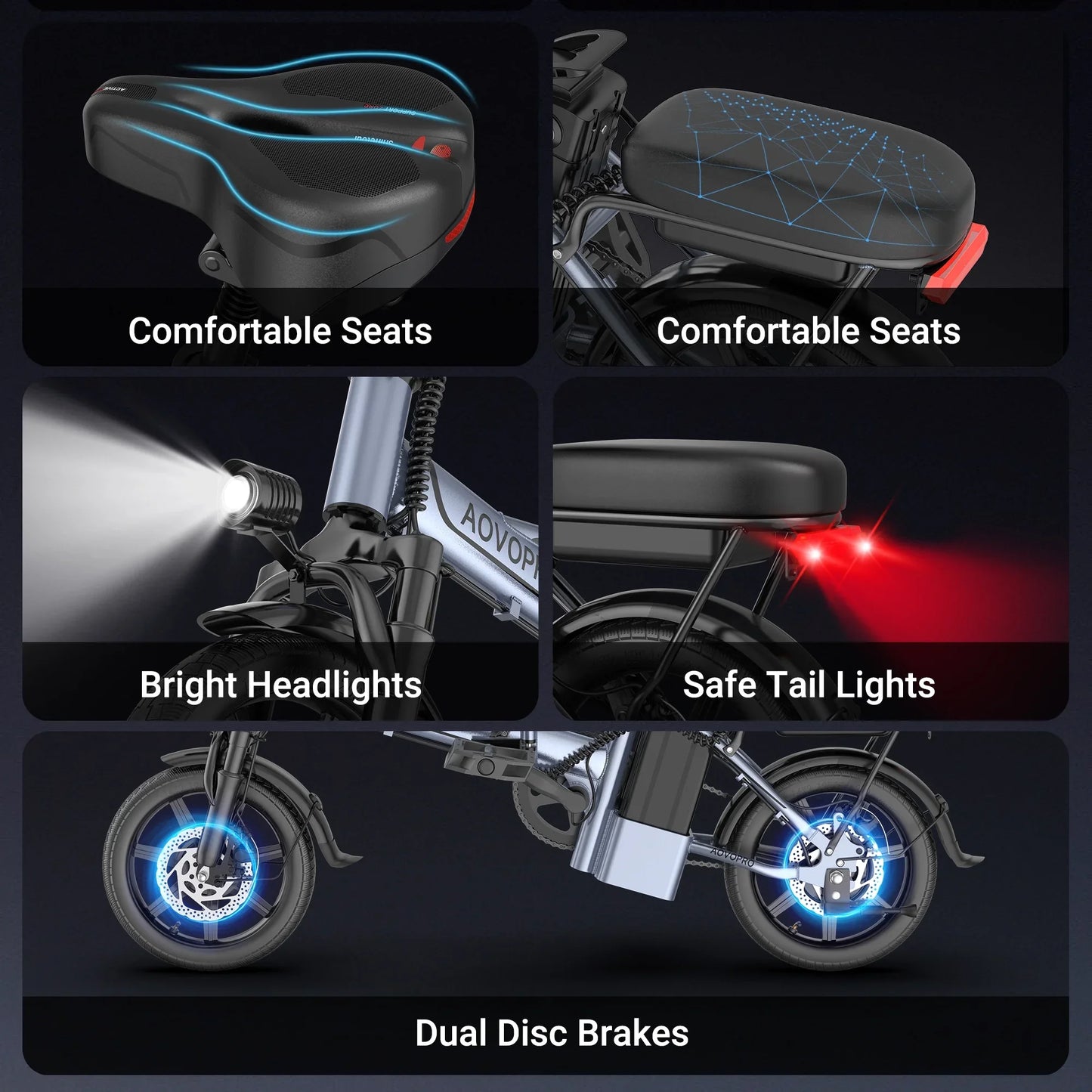 AOVOPRO 14'' EB60 Foldable Electric Bike 500W 48V 10.4AH Battery 22MPH Max Speed 28Miles Long Range with Two Seats for Adult