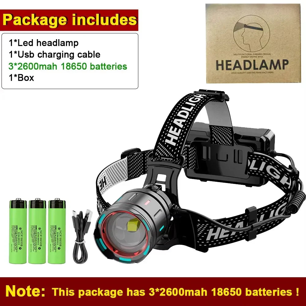 High Power LED Headlamp 7800mAH Rechargeable Headlights Outdoor Sensing Headlamp Zoom Head Torch for fishing Camping lighting