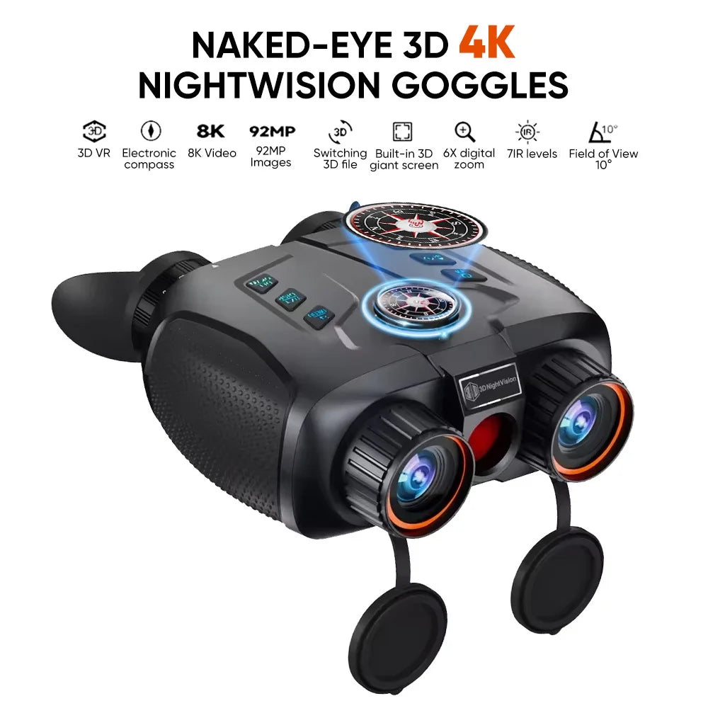 1000M 4K UHD Infrared Night Vision Binoculars Naked Eye 3D VR Digital Tactical Telescope Camera for Hunting with Compass