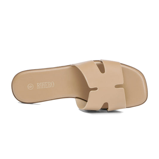 Women's Dressy Flat Sandals Comfortable Slip On Leather Slide Sandals