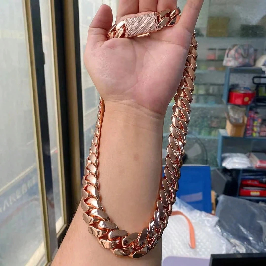 14-22mm Rose Gold  Stainless Steel Cuban Miami Link Chain Iced Out CZ Box Clasp Necklace Fashion Hip Hop Unisex Jewelry (1PC)