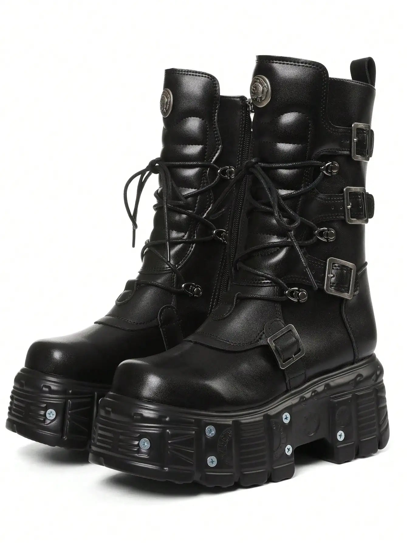 Cool Fashion Women Combat Boots Chunky Heels Thick Bottom Studs Zip Buckle Platform Punk Gothic Luxury Women Street Shoes
