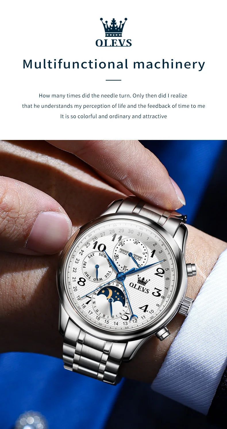 OLEVS Original Men's Automatic Wristwatch Moon Phase Calendar Waterproof Stainless Steel Leather Strap Mechanical Watch for Men