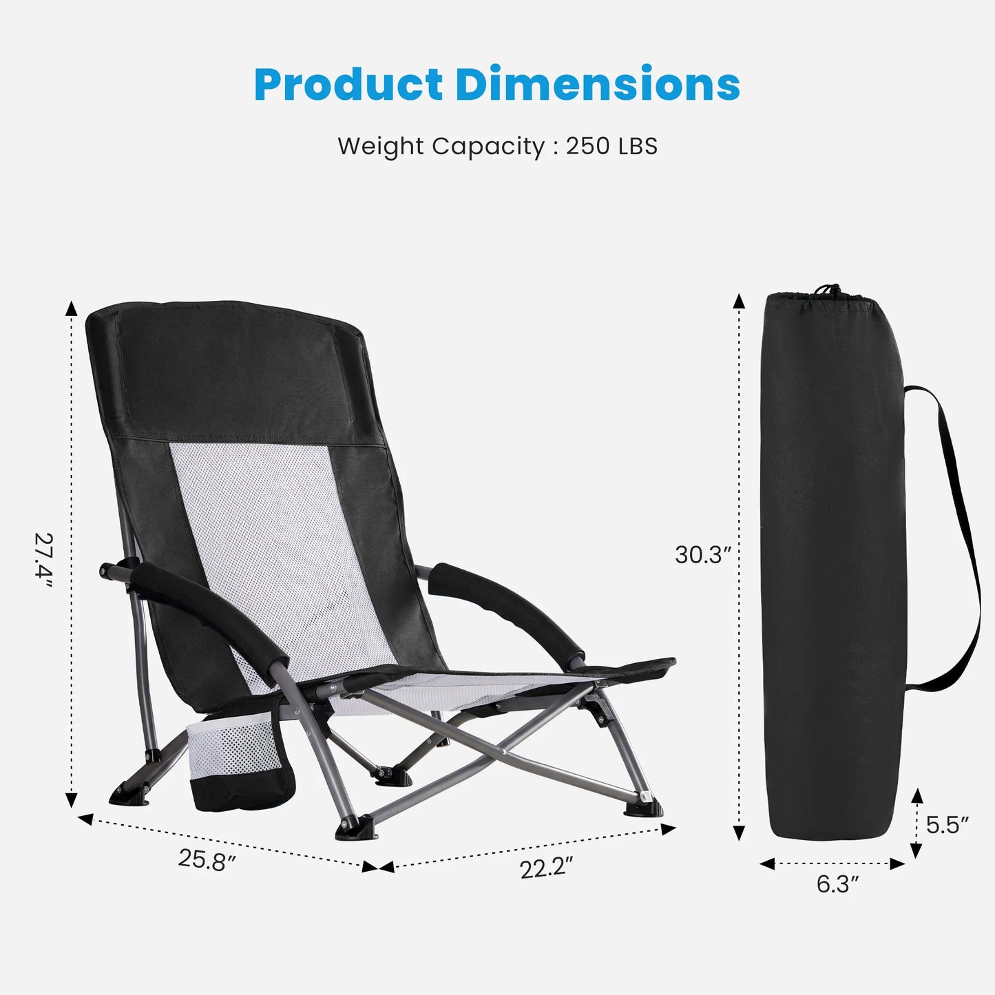 MCQ Outdoor Folding Low Beach Chair Collapsible Padded with Cup Holder Storage Bag Mesh Back Portable Camping Chair for Garden