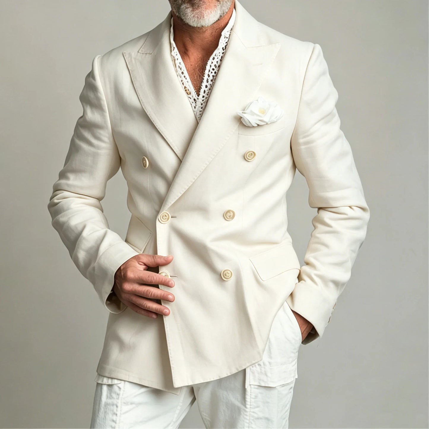 Men's Chic Peak Lapel Linen Blazer Double Breasted Slim Fit Formal Suit Jacket Summer Business Wedding Party Beach Daily Coat