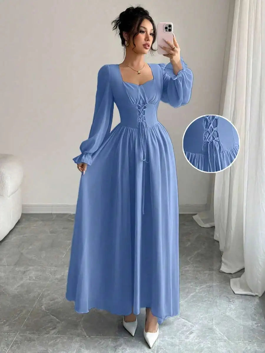 Elegant Blue Long Sleeve Maxi Dress with Corset Lace-Up Waist, Square Neck, Ruffled Cuffs for Spring Summer Events