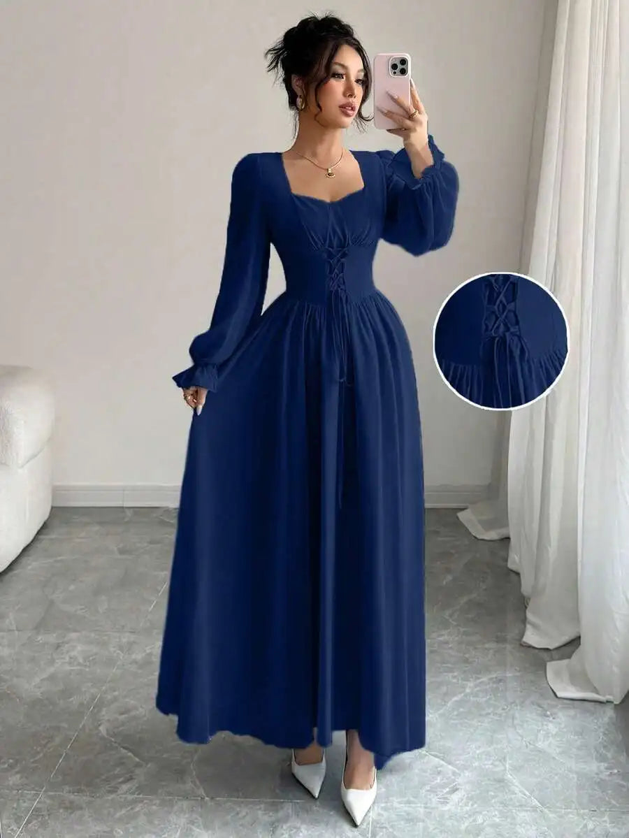 Elegant Blue Long Sleeve Maxi Dress with Corset Lace-Up Waist, Square Neck, Ruffled Cuffs for Spring Summer Events