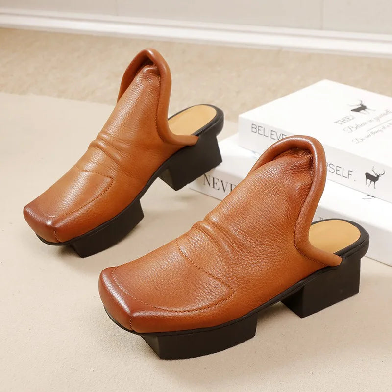 Birkuir Retro Thick Heel Closed Toe Slippers Slip On Women Outdoors Slides Spring Summer Genuine Leather Slippers Size 41