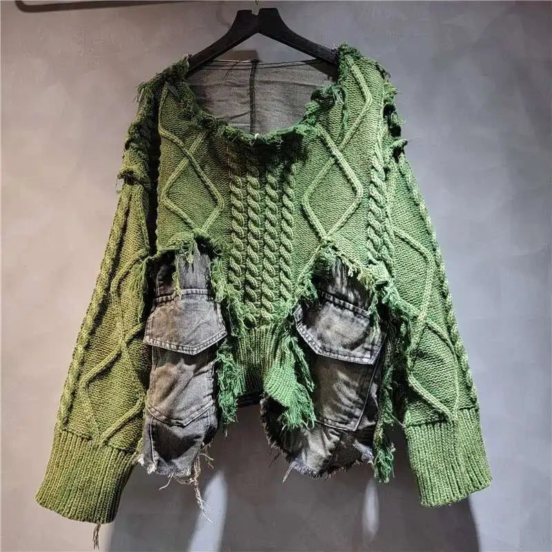 DEAT Women Pullover Long Sleeve Irregular Do Old Patchwork Pockets Vintage Washed Denim Sweater 2026 Summer New Fashion 29L8195