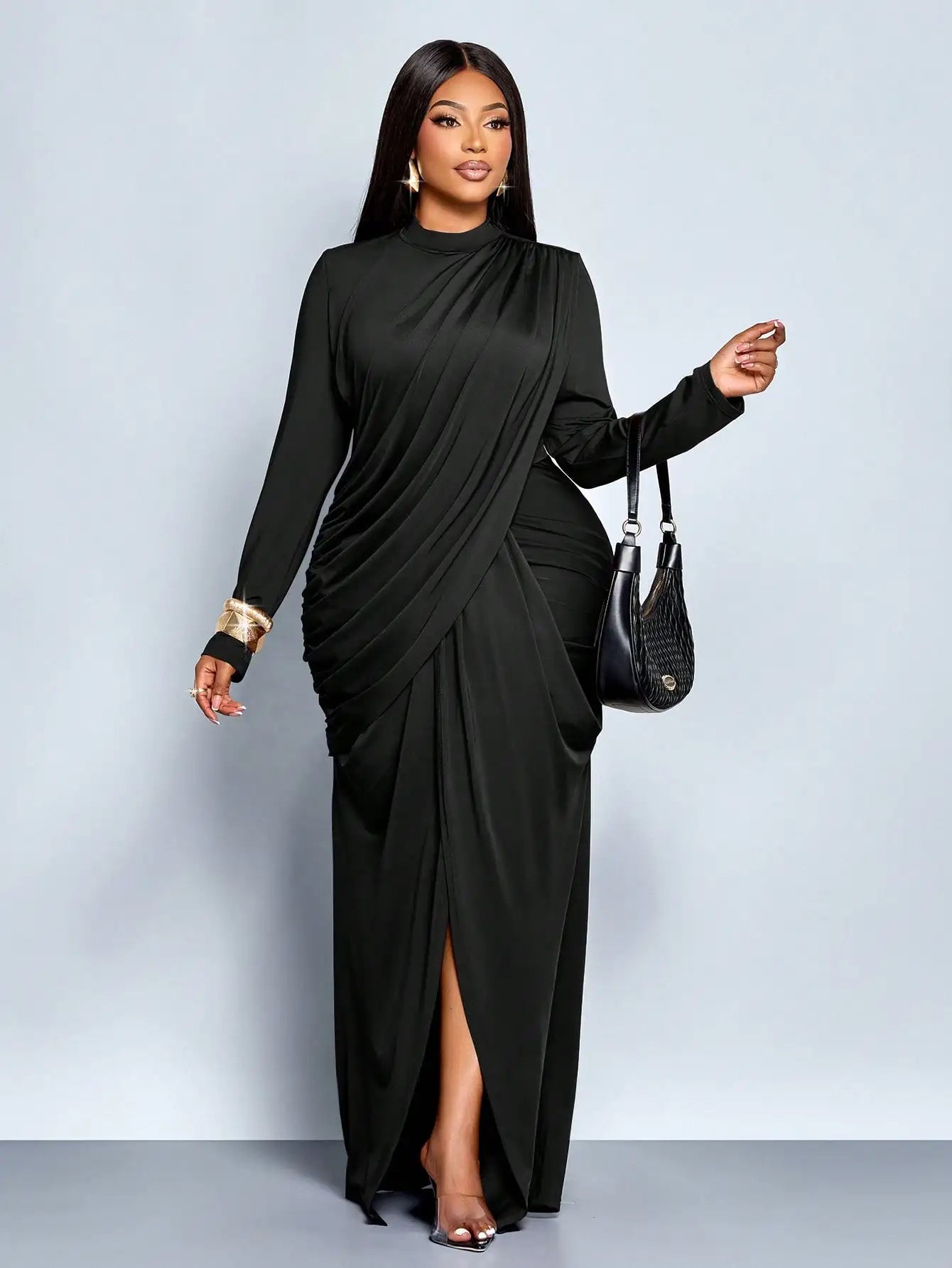 Plus Size Long Sleeve Maxi Dress with High Slit and Draped Detail, Burgundy Formal Evening Gown for Parties or Graduation