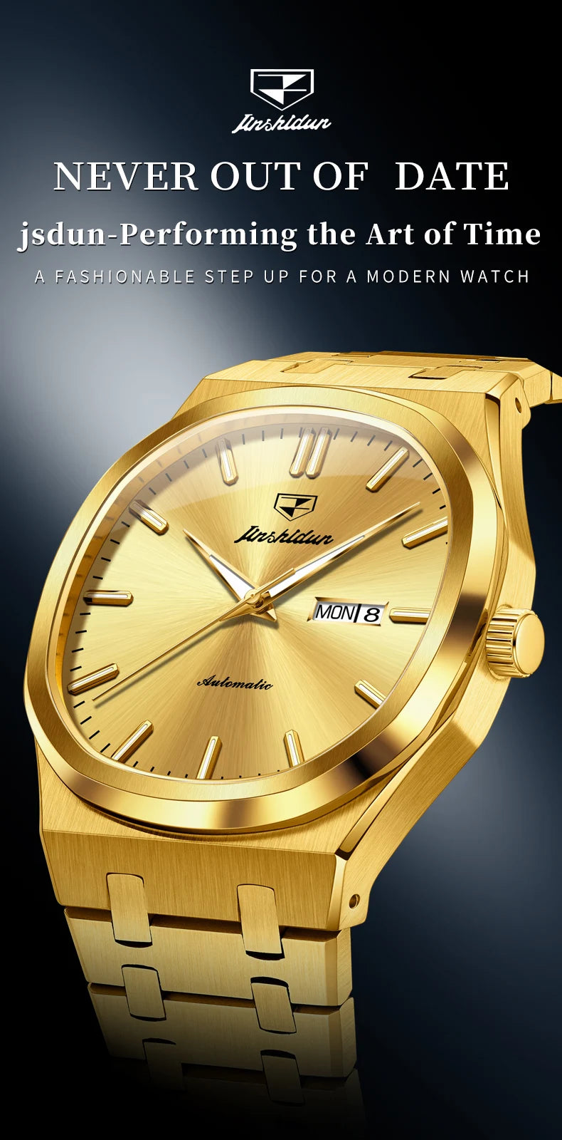 JSDUN 8966 Full Gold Watch for Men Automatic Mechanical Dual Calendar Display Waterproof Night light Man Wristwatch