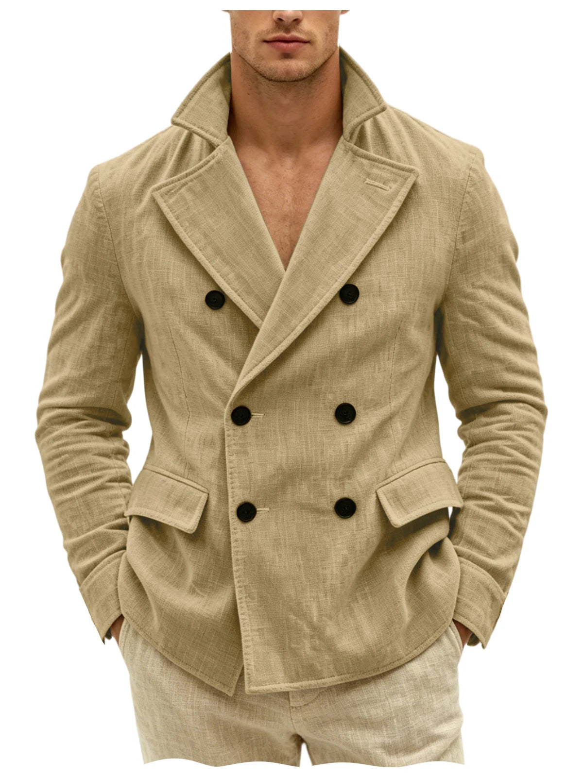 Men's Khaki Linen Blazer Double Breasted Peaked Lapel Lightweight Breathable Soft Cool Casual Formal Sport Coat For Summer Beach