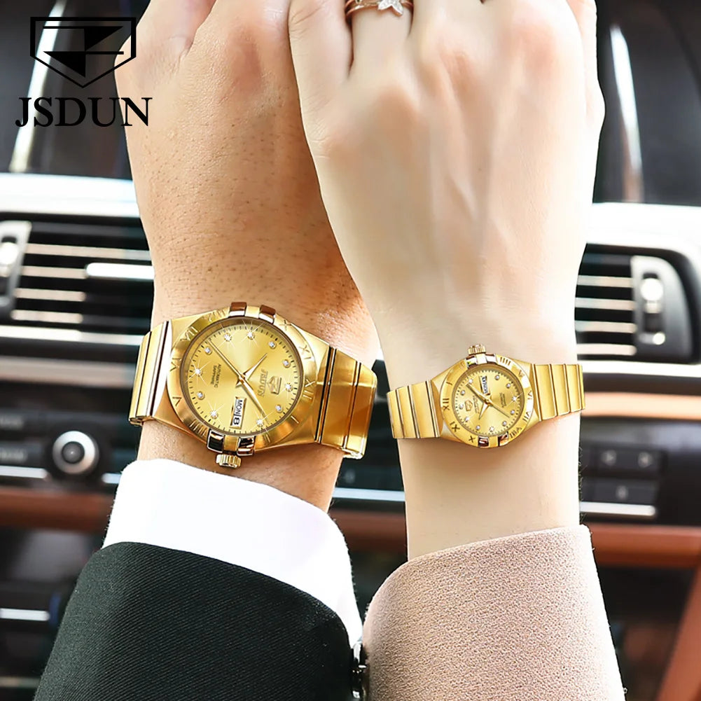 JSDUN Automatic Couple Watches Japan Movement Sapphire Mirror 100M Waterproof Luxury Diamond Gold Watch Lover's Watch Set Gift