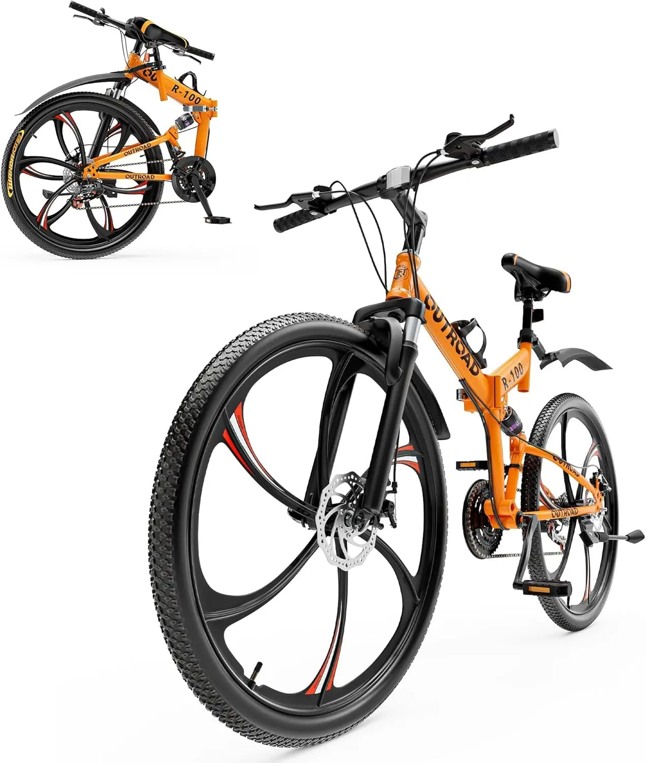 26 inch Folding Mountain Bike, Carbon Steel Frame and 21 Speed, Double Disc Brake and Dual Suspension Folding Bike