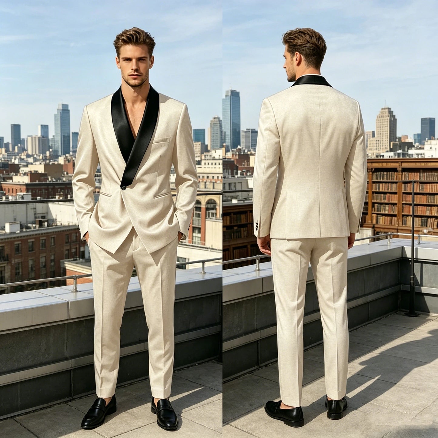Men's Tuxedo Suit with Black Satin Shawl Lapel Slim Fit 2-Piece Suit Jacket & Pants Business Casual Blazer Trousers for Wedding