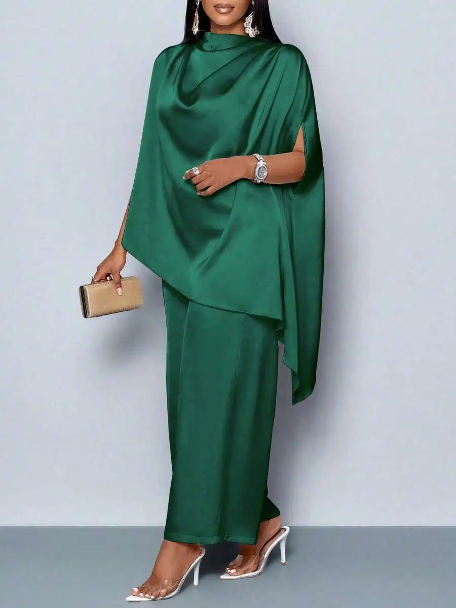 Women's Satin Mock Neck Asymmetrical Blouse & Straight Leg Pants Set, Elegant Plus Size Outfit for Fall