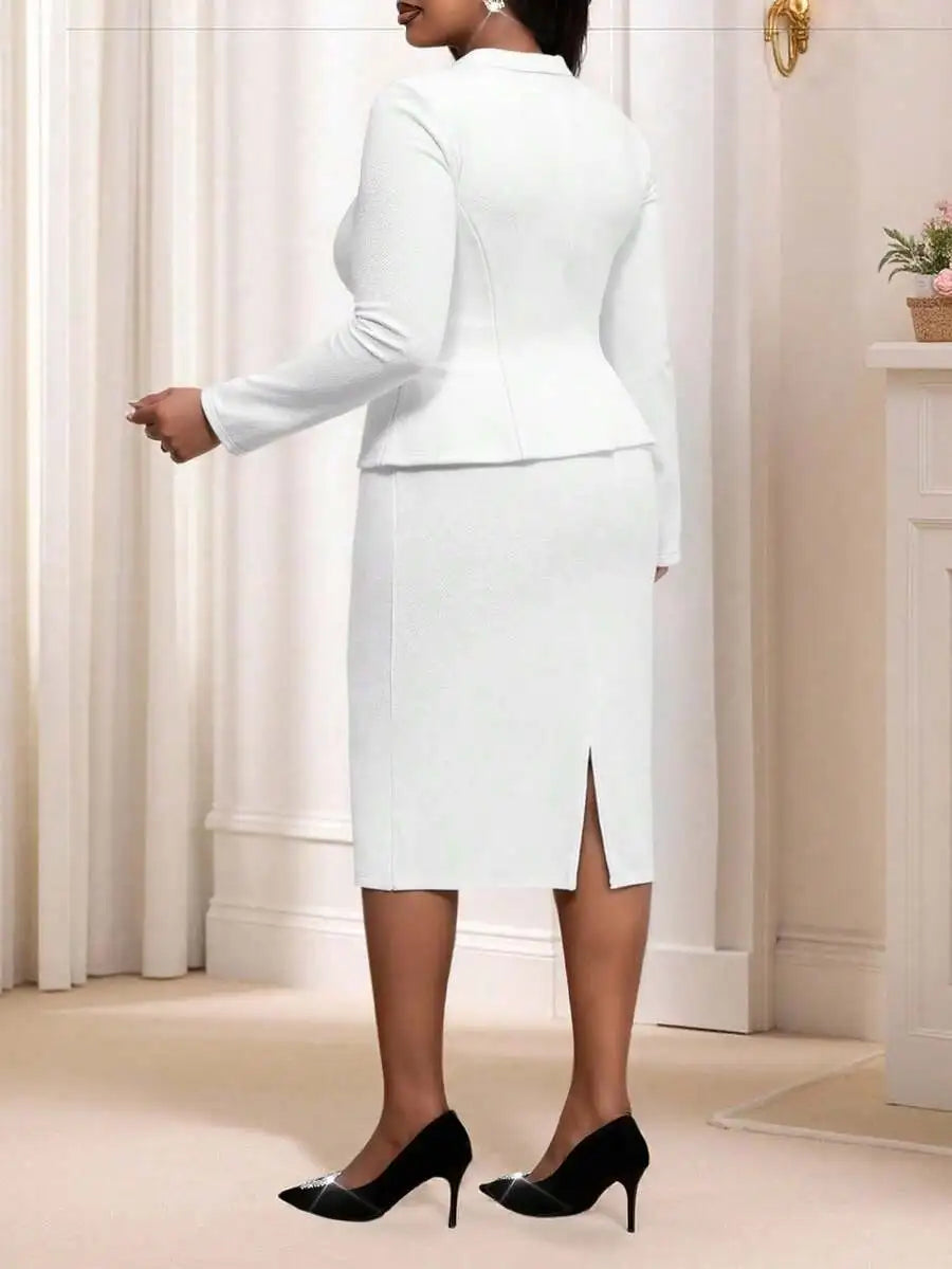 White Double-Breasted Blazer & Pencil Skirt Set for Office, Wedding, Cocktail Party - Plus Size Women's Two Piece Suit