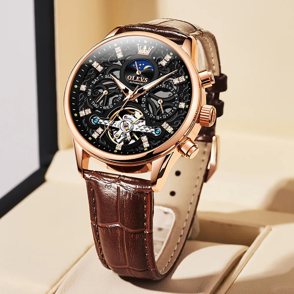 OLEVS Top Brand Men's Watches Fashion Skeleton Tourbillon Automatic Mechanical Wrist Watch for Men Waterproof Leather Strap New
