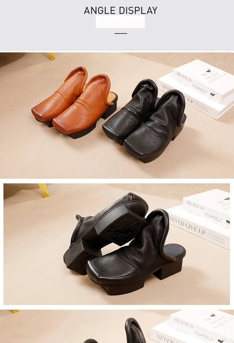 Birkuir Retro Thick Heel Closed Toe Slippers Slip On Women Outdoors Slides Spring Summer Genuine Leather Slippers Size 41