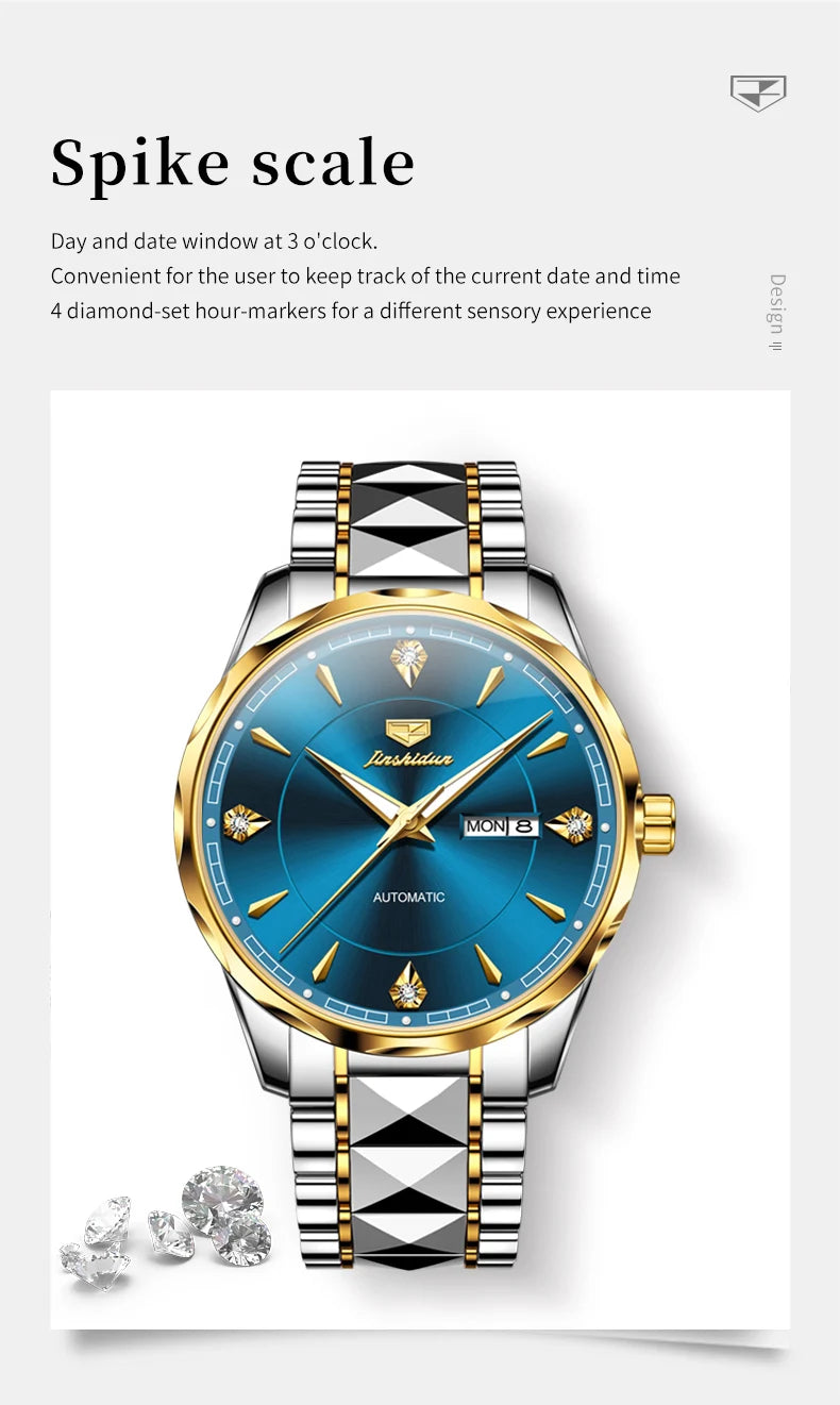 JSDUN High End Men's Watches Auto Calendar Week Tungsten steel Sapphire Mirror Automatic Mechanical Watch for Men Luxury Brand
