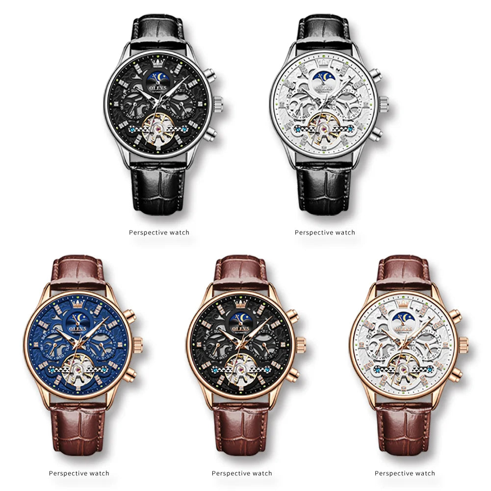 OLEVS Top Brand Men's Watches Fashion Skeleton Tourbillon Automatic Mechanical Wrist Watch for Men Waterproof Leather Strap New