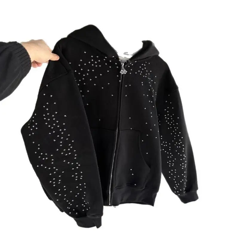 Black Gothic Zip-up Hoodie, A Streetwear Sweatshirt for Men and Women. A Casual Outerwear Perfect for All Seasons.