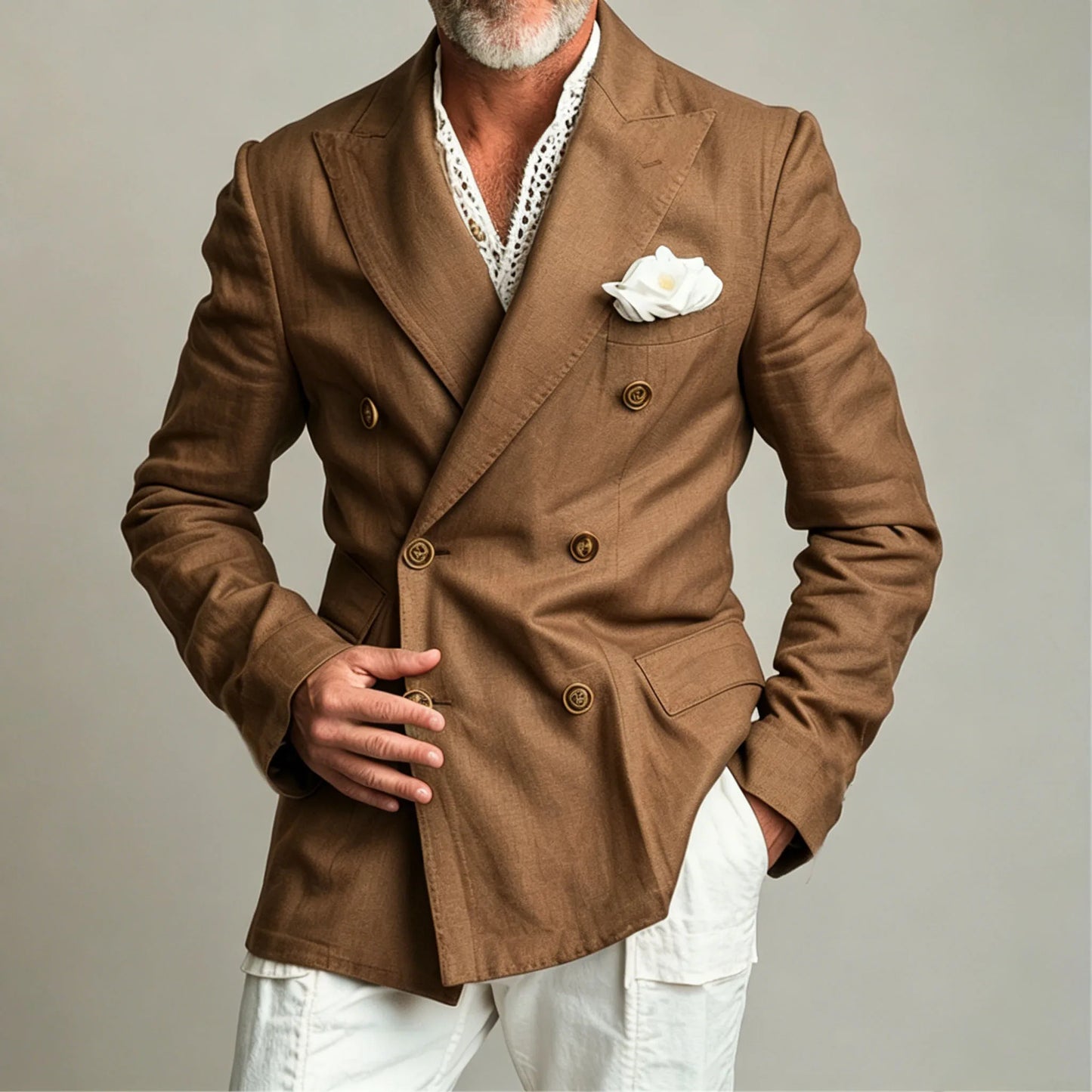 Men's Chic Peak Lapel Linen Blazer Double Breasted Slim Fit Formal Suit Jacket Summer Business Wedding Party Beach Daily Coat