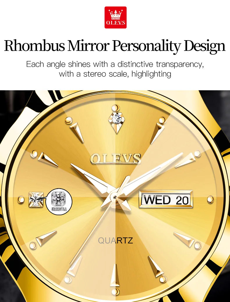 OLEVS Women Watch Quartz Rhombus Mirror Original Quartz Watch for Women Waterproof Luminous Stainless Steel Wristwatch Date Week