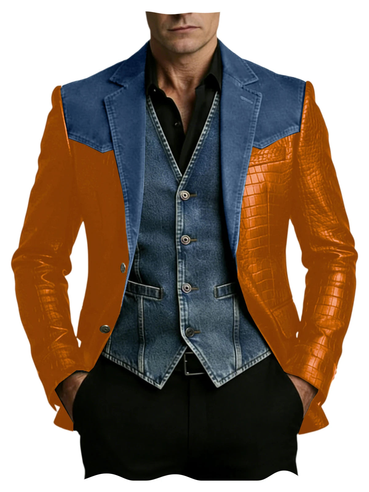 Men's Blazer Luxury Crocodile Embossed Leather Patchwork Denim Suit Jacket Notched Lapel Western Cowboy Party Casual Streetwear
