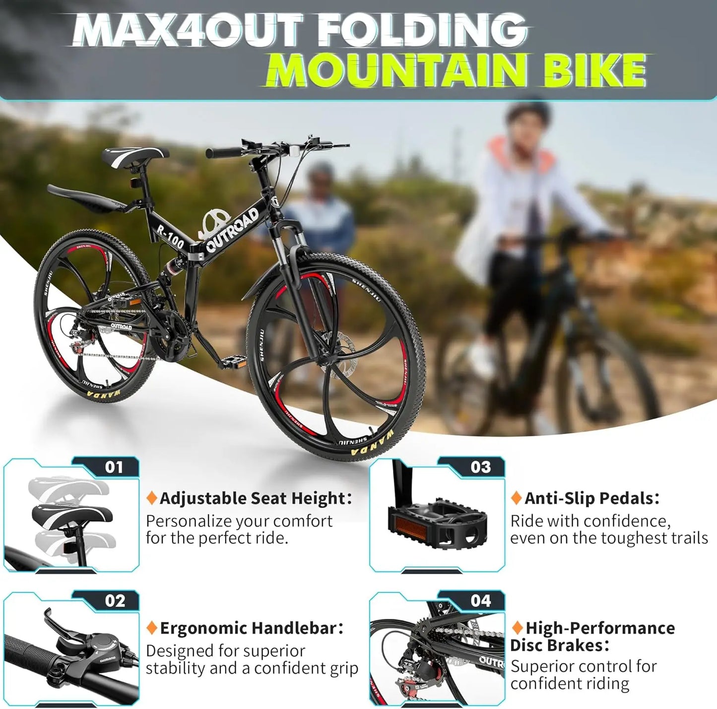 26 inch Folding Mountain Bike, Carbon Steel Frame and 21 Speed, Double Disc Brake and Dual Suspension Folding Bike